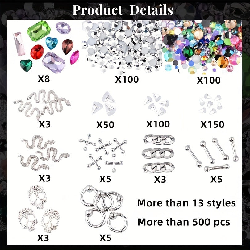300 Pieces Of Y2K Black Golden Silvery Punk Cone Rivet 3D Golden Skull Cross Chain Snake Pattern Retro Alloy Golden Nail Pendant Glass Pointed Bottom Gem Resin Water Drill Female Girl Golden Nail DIY Nail Art Decoration Set